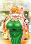  1girl artist_name big_breasts green_apron iced_latte_with_breast_milk michiyoshi nipples rabbit sega smile sonic_(series) sonic_the_hedgehog_(series) starbucks starbucks_breastmilk_meme vanilla_the_rabbit 