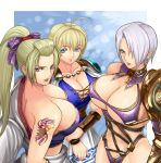  3_girls ahoge arm_tattoo asymmetrical_clothes asymmetrical_gloves big_breasts blonde_hair blue_eyes blue_pauldron breasts cleavage clothed_female earrings female_focus female_only gauntlet hair_over_one_eye huge_breasts ibanen isabella_valentine kimono long_hair looking_at_viewer mature mature_female pauldrons ponytail purple_bra purple_lingerie purple_thong setsuka short_hair skimpy sophitia_alexandra soul_calibur soul_calibur_iv straps tattoo_on_arm under_boob video_game_character video_game_franchise white_hair white_skirt 