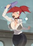  1girl barleyshake big_breasts bra cartoon_network clothing cookie foster&#039;s_home_for_imaginary_friends frankie_foster one_eye_closed ponytail raining red_hair solo_female wet_clothewets wet_shirt 