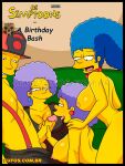  1boy 3_girls breasts comic female handjob male marge_simpson nipples penis text the_simpsons 