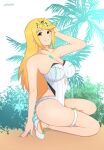 1girl alluring amber_eyes big_breasts bikini blonde_hair breasts choker earrings female_only grin hair_ornament heroine lackatask long_hair mythra nintendo one-piece_bikini one-piece_swimsuit outside palm_tree pin_up pose sand solo_female tagme thigh_strap thighs xenoblade_(series) xenoblade_chronicles_2