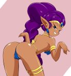  1girl alternate_costume armlet ass bad_id bent_over big_breasts blue_eyes braid breasts choker dancer dark_skin dat_ass earrings eyelashes forehead_jewel grin jewelry long_hair looking_back lots_of_jewelry multi-tied_hair partially_visible_vulva pepipopo pointy_ears ponytail purple_hair shantae shantae:_risky's_revenge shantae_(character) single_braid smile solo thong tiara very_long_hair 