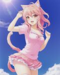 1girl amber_eyes aphmau_(youtuber) average_breasts blush blushing_at_viewer cat_ears cat_girl cat_tail cute female_focus female_only grin hair_blowing kawaii kawaii_chan lim3n_ai looking_at_viewer normal_breasts open_mouth open_smile orange_eyes outside pink_hair pink_shirt pink_skirt skirt small_breasts smile smiling_at_viewer thick_thighs