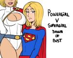  1girl 2_girls belt big_breasts blonde_hair blue_eyes breast_envy breasts cape cleavage cleavage_cutout clothing clothing_cutout dc_comics english_text frank_draws head_out_of_frame high_resolution leotard looking_at_viewer multiple_girls power_girl short_hair supergirl superhero text white_background 