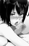  1boy 1girl bangs blush breast_press breasts censored close-up cum face fellatio female from_side girl_on_top hair_between_eyes hair_in_mouth hetero highres looking_at_viewer looking_back lying male_pubic_hair mikasa_ackerman monochrome mosaic_censoring nipples nose_blush nude on_back on_stomach open_mouth oral penis pubic_hair rakkou saliva saliva_trail shingeki_no_kyojin short_hair side solo_focus tongue tongue_out 