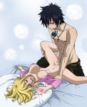  1boy 1girl artist_name black_hair blonde_hair breasts closed_eyes clothed_sex fairy_tail female gray_fullbuster hair happy_sex large_breasts lucy_heartfilia male milady666 missionary mostly_nude sex spread_legs tattoo vaginal 