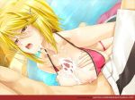  1boy 1girl areolae bikini blonde_hair blush breast_squeeze breasts censored classy_cranberry&#039;s cum cum_on_body cum_on_breasts cum_on_upper_body facial game_cg hair_ornament hairclip happoubi_jin kujou_tsubasa large_breasts looking_up nipples open_mouth paizuri penis pink_eyes pool short_hair sitting sweat swimsuit water 