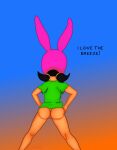  1girl aged_up ass bare_ass behind_view bob&#039;s_burgers bottomless clothed clothing female female_only gradient_background green_shirt hands_on_hips headwear lisalover louise_belcher pigtails pussy shirt short_hair simple_background solo spread_legs standing 