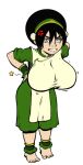  1girl angry avatar:_the_last_airbender avatar_legends back_pain barefoot black_hair blind breasts clenched_teeth goodbadartist hairband high_res huge_breasts oppai_loli teeth toph_bei_fong 