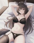 1girl ai_generated aphmau_(youtuber) big_breasts black_bra black_panties bra brown_eyes brown_hair female_focus female_only laying_down laying_on_bed lim3n_ai long_hair long_hair_female looking_at_viewer melissa_lycan on_back panties perfect_body wolf_ears wolf_girl wolf_tail youtube