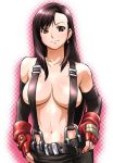  1girl belt breasts brown_hair earrings elbow_gloves final_fantasy final_fantasy_vii fingerless_gloves gloves jewelry large_breasts long_hair naked_overalls naked_suspenders navel overalls red_eyes revealing_clothes shirtless smile solo suspenders tifa_lockhart topless ueyama_michirou 