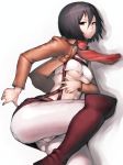  1girl abs black_eyes black_hair boots breasts cameltoe cleavage covered_nipples erect_nipples female fumio_(rsqkr) jacket lips midriff mikasa_ackerman muscle navel pants scarf shingeki_no_kyojin short_hair simple_background skin_tight skirt solo thighs tight tight_pants underboob white_background 
