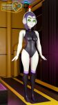  1girl 3d blender breasts cameltoe dc_comics erect_nipples erect_nipples_under_clothes female_only fembot grey_skin grin headgear headphones hypnosis hypnotic_eyes leotard nipples purple_hair raven_(dc) shiny skin_tight smile spiral spiral_eyes supercasket teen_titans thick_thighs tight_clothing young_adult 