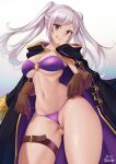  1girl 1girl :p achromaru alluring alternate_costume big_breasts bikini breasts brown_eyes coat eyebrows_visible_through_hair fire_emblem fire_emblem_awakening fire_emblem_heroes gloves grey_hair high_res licking_lips looking_at_viewer midriff navel nintendo o-ring o-ring_bikini official_alternate_costume pulling purple_bikini purple_swimsuit robin_(fire_emblem) robin_(fire_emblem)_(female) robin_(summer)_(fire_emblem)_(female) smile solo_female swimsuit tagme thick_thighs thighs thin_waist tongue tongue_out twin_tails under_boob white_hair wide_hips 