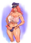  1girl abs body_blush breasts cutoffs denim denim_shorts erection female final_fight futanari hands_on_hips hat highres huge_breasts large_breasts large_penis long_hair looking_at_viewer midriff nbo newhalf open_mouth peaked_cap penis pink_hair poison_(final_fight) short_shorts shorts solo street_fighter tank_top toned tongue uncensored 