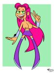 1girl alien alien_girl alternate_version_available big_breasts breasts cartoon_network curvy cute dc_comics female_only huge_breasts koriand&#039;r naughtymex nipples red_hair skirt solo_female solo_focus starfire teen_titans teen_titans_go tongue topless topless_female v