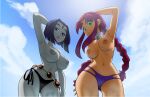  2girls alien alien_girl belly belly_button belt big_breasts bikini_bottom breasts charm coolerinker dc_comics duo female_only goth goth_girl green_eyes huge_breasts inker_comics inkershike light-skinned_female light_skin necklace nipples pale-skinned_female pale_skin purple_hair raven_(dc) red_hair redhead sky starfire teen_titans thick thick_thighs thighs thin_waist topless topless_female tummy waist young_adult 