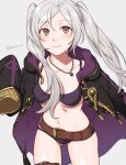  1girl 1girl 1girl alluring alternate_costume ass_visible_through_thighs belt bikini black_coat blush breasts brown_belt coat commentary cowboy_shot female_only fire_emblem fire_emblem_awakening fire_emblem_heroes grey_background grey_hair high_res jewelry long_sleeves medium_breasts navel necklace nintendo o-ring official_alternate_costume open_clothes open_coat peach11_01 purple_bikini purple_swimsuit robin_(fire_emblem) robin_(fire_emblem)_(female) simple_background sleeves_past_fingers sleeves_past_wrists standing stomach swimsuit thighs twin_tails under_boob 
