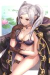  1girl 1girl alluring alternate_costume bikini black_coat breasts brown_eyes brown_gloves cleavage cloak closed_mouth coat collarbone elbow_rest fire_emblem fire_emblem_awakening fire_emblem_heroes from_above gloves gonzarez high_res hood hooded_cloak jewelry lily_pad long_hair looking_ahead medium_breasts navel o-ring o-ring_bikini pendant purple_bikini purple_swimsuit robin_(fire_emblem) robin_(fire_emblem)_(female) robin_(summer)_(fire_emblem)_(female) sidelocks silver_hair sitting swimsuit thigh_strap twin_tails water wet 