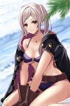  1girl 1girl 1girl absurd_res alluring alternate_costume bare_shoulders belt big_breasts bikini blurry breasts brown_eyes brown_gloves cleavage depth_of_field female_only fire_emblem fire_emblem_awakening fire_emblem_heroes gloves grey_hair groin high_res jewelry long_hair long_sleeves necklace nintendo o-ring o-ring_bikini official_alternate_costume palm_tree purple_bikini purple_swimsuit reia_hana robe robin_(fire_emblem) robin_(fire_emblem)_(female) robin_(summer)_(fire_emblem)_(female) sitting smile swimsuit tree twin_tails under_boob wariza water 