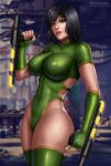 1female 1girl armgloves artist_logo black_hair black_orchid blue_eyes blurry_background cleavage depth_of_field detailed_background female_only fighter flowerxl green_gloves green_high_heel_boots green_leotard hand_on_weapon huge_ass huge_breasts killer_instinct leotard light-skinned_female light_skin looking_at_viewer orchid purple_lips purple_lipstick rareware ribbon_trim short_hair side_view standing thick_thighs video_game_character video_games weapon