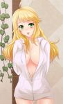  :p ahoge blonde_hair blush bottomless breasts cleavage female green_eyes hood hoodie hoshii_miki idolmaster large_breasts long_hair no_bra open_clothes open_shirt oyu-san shiny shiny_skin shirt solo thigh_gap tongue tongue_out 