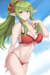 1girl adapted_costume alluring arm_behind_back aslind_samure aslindsamure big_breasts bikini blue_sky breasts cleavage closed_mouth cloud cloudy_sky cowboy_shot day finger_to_mouth fire_emblem fire_emblem_awakening green_eyes green_hair hair_between_eyes high_resolution large_filesize long_hair looking_at_viewer midriff milf navel nintendo outside pointed_ears ponytail red_bikini sideboob sidelocks sky smile string_bikini swimsuit thighs third-party_edit tied_hair tiki_(adult)_(fire_emblem) tiki_(fire_emblem) very_high_resolution
