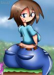  ass ass_cleavage big_ass big_breasts blue_eyes breasts brown_hair butt_crack clothed clothing dr.bug giygal grass_block huge_ass looking_at_viewer looking_back minecraft stella_(sissteve) 