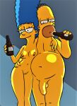  blue_hair breasts erect_nipples homer_simpson marge_simpson nude penis shaved_pussy the_simpsons thighs yellow_skin 