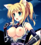  1girl animal_ears aqua_eyes armor bare_shoulders blonde_hair blush breasts bust dog_days fang female fingerless_gloves fox_ears fox_tail framed_breasts gauntlets gloves green_eyes hot large_breasts nipples open_clothes ponytail puffy_nipples shirt_lift solo tail tateha_(artist) upper_body yukikaze_panettone 