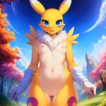  ai_generated anthro blue_eyes cleft_of_venus completely_nude digimon digimon_tamers female_focus forest furry furry_female gloves looking_at_viewer navel nipples nude pussy renamon small_breasts smile standing tail 