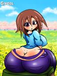  ass ass_cleavage big_ass big_breasts blue_eyes breasts brown_hair butt_crack clothed clothing dr.bug giygal grass_block huge_ass looking_at_viewer looking_back minecraft stella_(sissteve) 