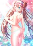  1girl 1girl 1girl ass bangs blue_eyes blue_sky blurry blurry_background blush breasts brown_hair bushes day double_bun eyebrows_visible_through_hair from_behind hand_up high_resolution jiaxi_daze light_rays long_hair medium_breasts nipples nude one_eye_closed open_mouth outside pink_headwear pokemon pokemon_(game) pokemon_black_2_&amp;_white_2 pokemon_character protagonist_(pokemon) rosa_(pokemon) shiny shiny_hair sky standing sunbeam sunlight tied_hair tree twin_tails very_long_hair visor_cap 