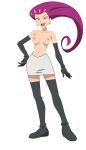 1girl breasts female_only full_body jessie_(pokemon) looking_at_viewer nipples pokemon pokemon_(anime) purple_hair solo_female team_rocket topless topless_female transparent_background villainess