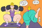  1girl ass big_ass blonde blonde_hair caucasian_female comic dumbbell english_text female_only leg_raise lifting_weights roxy_(spin_doctor) socks squatting thick_thighs topknot wappah weightlifting white_socks working_out 