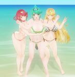 3_girls 3d absurd_res aliasing alluring beach big_breasts bikini blonde_hair blush breast_grab breasts cleavage closed_mouth custom_maid_3d_2 grabbing green_eyes green_hair high_res long_hair looking_at_viewer multiple_girls mythra nintendo ocean open_mouth pneuma_(xenoblade) ponytail pose pyra red_eyes red_hair sand short_hair shy sky smile standing swimsuit thigh_strap towel triple_persona under_boob very_long_hair water xenoblade_(series) xenoblade_chronicles_(series) xenoblade_chronicles_2 yellow_eyes