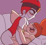 black_eyes bottomless breasts couch crossover erect_nipples feet fingerless_gloves freckles gloves goggles jack_spicer long_hair male/female missionary nipples ponytail powerpuff_girls princess_morbucks princesscallyie red_eyes shirt_lift short_hair smile vaginal white_skin xiaolin_showdown