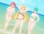 3_girls 3d absurd_res aliasing alluring arm_on_waist armpits arms_behind_back beach big_breasts bikini blonde_hair blush breasts cheering cleavage closed_mouth custom_maid_3d_2 green_eyes green_hair high_res long_hair looking_at_viewer multiple_girls mythra nintendo ocean open_mouth pneuma_(xenoblade) ponytail pose pyra red_eyes red_hair sand short_hair shy sky smile standing swimsuit towel triple_persona under_boob very_long_hair water xenoblade_(series) xenoblade_chronicles_(series) xenoblade_chronicles_2 yellow_eyes