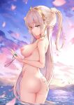 1girl anastasia_nikolaevna_romanova_(fate) areola ass bare_shoulders blonde_hair blue_eyes blurry breasts bunching_hair caster_(fate/extra) clavicle cloud completely_nude completely_nude_female depth_of_field earrings fate/grand_order fate_(series) female_only groin hairband high_resolution holding jewelry kyaroru long_hair medium_breasts midriff neck_ring nipples nude nude_female nude_filter one_arm_up open_mouth outside parted_lips partially_submerged pixiv_id_29108561 princess_anastasia_romanov silver_hair sky strap_gap sunset third-party_edit very_long_hair wading water white_hair