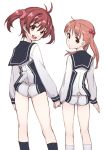  2girls :d ass bad_id brown_eyes brown_hair female from_behind hair_bobbles hand_holding hands_together happy isshiki_akane isshiki_momo long_hair looking_at_viewer looking_back matsuryuu multiple_girls open_mouth petite red_hair school_uniform short_hair short_shorts short_twintails shorts siblings sisters smile standing twintails vividred_operation yuri 