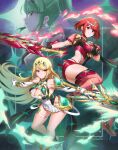 3_girls aegis_sword_(xenoblade) alluring bangs bare_legs bare_shoulders big_breasts black_gloves blonde_hair breasts burnt_green_tea chest_jewel cleavage cleavage_cutout clothing_cutout dress earrings elbow_gloves fingerless_gloves gem gloves green_eyes green_hair hair_ornament headpiece high_res jewelry long_hair multiple_girls mythra nintendo pneuma_(xenoblade) ponytail pyra red_eyes red_hair red_legwear red_shorts short_dress short_hair short_shorts shorts stockings swept_bangs sword thigh_strap tiara very_long_hair weapon white_dress white_footwear white_gloves xenoblade_(series) xenoblade_chronicles_(series) xenoblade_chronicles_2 yellow_eyes