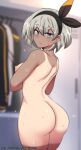 ass_focus bare_shoulders bea_(pokemon) blue_eyes completely_nude dark-skinned_female eyes_visible_through_hair female_only hinghoi looking_at_viewer pokemon pokemon_character sweatdrop tan_line