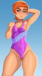  1girl aged_up arm_behind_head armpit armpit_crease ben_10 blush cameltoe cartoon_network fit fit_female freckles green_eyes gwen_tennyson milky_way_(artist) nipples_visible_through_clothing one-piece_swimsuit red_hair swimsuit thick_thighs tight_clothing voluptuous 