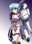  1_girl 1girl art bare_legs bare_shoulders big_breasts blue_hair blush bodysuit breast_hold breasts choker cleavage crossed_arms detached_sleeves embarrassed female guardian_(thunder_force) large_breasts legband legs leotard mecha_musume mochizuki_kazuto mound_of_venus navel personification pointy_ears red_eyes see-through short_hair shy solo thigh_strap thunder_force thunder_force_v timid 