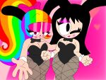 2_girls 2girls abstract_background big_breasts blush breasts bunnysuit cleavage clothed clothing cute fake_animal_ears female female_only half-closed_eyes heart highres jessica_(boominalex) lipstick looking_at_viewer ra1nb0wk1tten101_(artist) rainbow_hair rainbow_kitty101 seductive simple_background smile smirk teeth the_adventures_of_ra1nb0wk1tty_and_her_allies thick_thighs