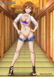  1girl ass bangs bare_shoulders barefoot bbmbbf belly belt belt_buckle best_student_council bra brown_eyes brown_hair buckle cleft_of_venus clitoris door erect_nipples female_focus female_solo gokujou_seitokai hallway hands_on_own_hips hands_on_own_thighs high_heels jewelry kinjo_nanaho looking_at_viewer necklace no_panties palcomix pietro&#039;s_secret_club purple_bra pussy see-through_dress shiny shiny_hair shiny_skin shirt_tied_around_waist short_hair short_pants smile solo_female solo_focus standing stockings stomach teeth thick_thighs thighs underwear 