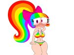 1girl big_breasts bikini blush breasts cleavage cute embarrassed female female_only hair_ornament hair_ribbon half_naked hand_behind_head high_resolution looking_at_viewer multicolored_hair navel nervous pink_eyes ra1nb0wk1tten101_(artist) rainbow_hair rainbow_kitty101 rainbow_pattern scared shy smile solo the_adventures_of_ra1nb0wk1tty_and_her_allies thick_thighs
