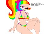  1girl bikini blush breasts cute dialogue embarrassed english_text female female_only hair_ornament hair_ribbon half-closed_eyes half_naked hand_on_knee highres looking_at_viewer navel pink_eyes ra1nb0wk1tten101_(artist) rainbow_hair rainbow_kitty101 rainbow_pattern simple_background smile smirk solo text the_adventures_of_ra1nb0wk1tty_and_her_allies thick_thighs white_background wink 