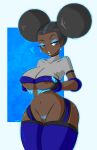  1girl big_breasts blue_eyes breasts dark_skin ear_piercing earrings gloves hairless_pussy jewelry lipstick mole multicolored_hair nipples nude piercings pussy shiny shiny_skin solo starsandgartersart_(artist) stockings twin_tails white_lipstick wide_hips 