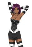  1_girl arm armpits arms arms_behind_head arms_up art artist_request babe bare_shoulders big_breasts black_dress bleach breasts cleavage collarbone dark_skin dress elbow_gloves female gloves half-closed_eyes legs legwear looking_at_viewer naughty_face purple_hair shihouin_yoruichi shiny shiny_skin short_hair skirt smile solo standing stockings strapless strapless_dress striped striped_elbow_gloves striped_legwear striped_thighhighs white_dress yellow_eyes 